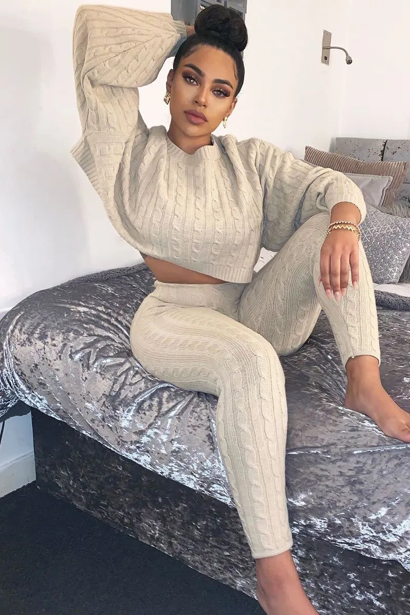 Beige Cable Knit Batwing Jumper Loungewear Set - Janea