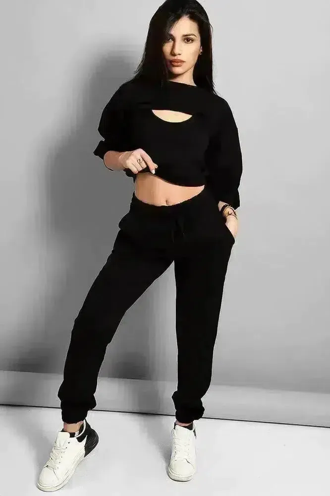 Black Cropped Top 3 Piece Tracksuit