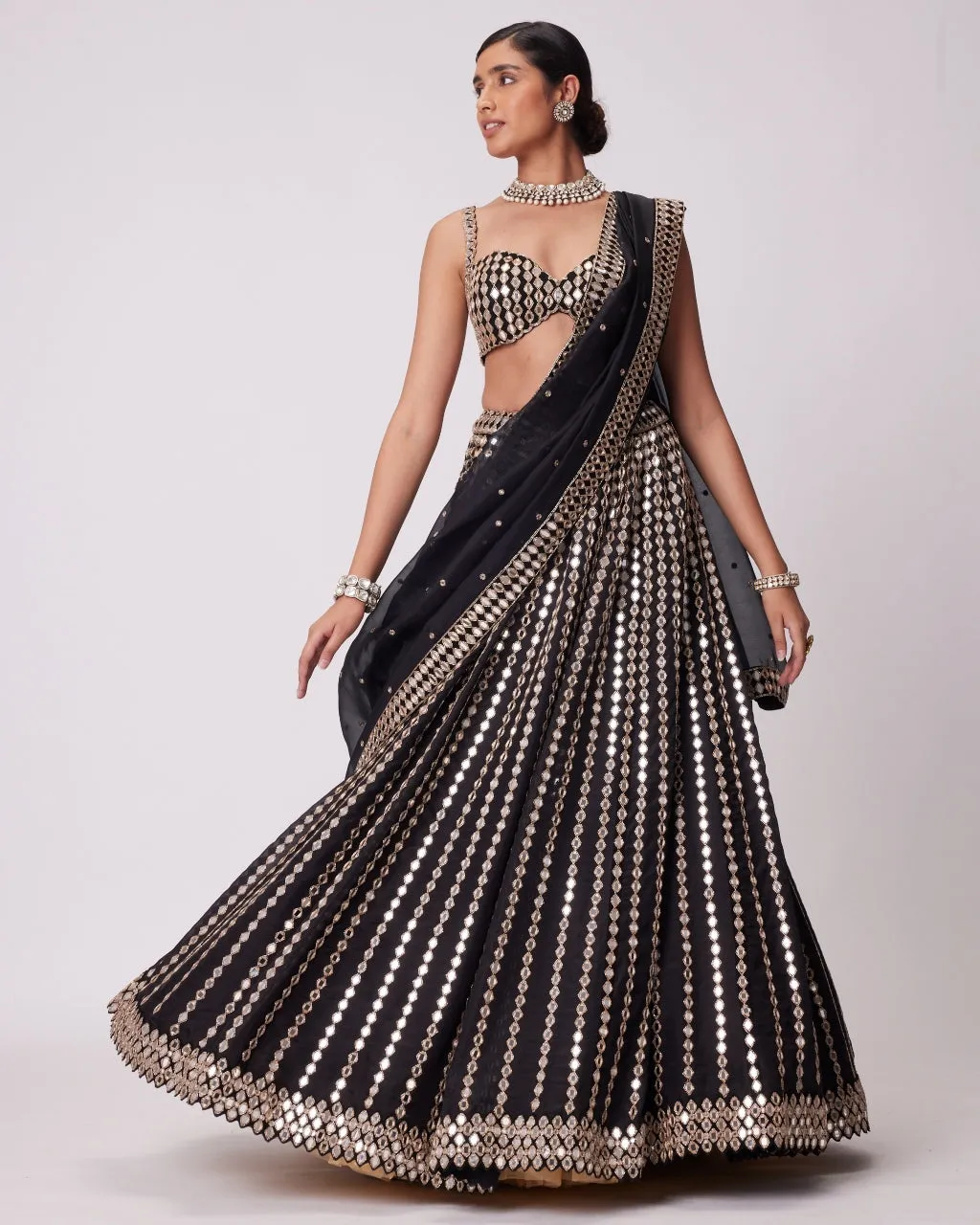 Black Linear Mirror Embroidered Lehenga Set