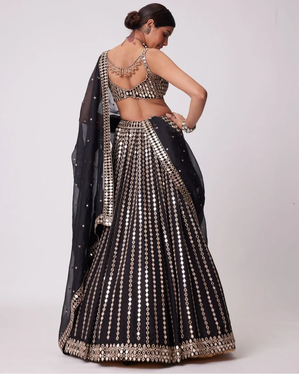 Black Linear Mirror Embroidered Lehenga Set