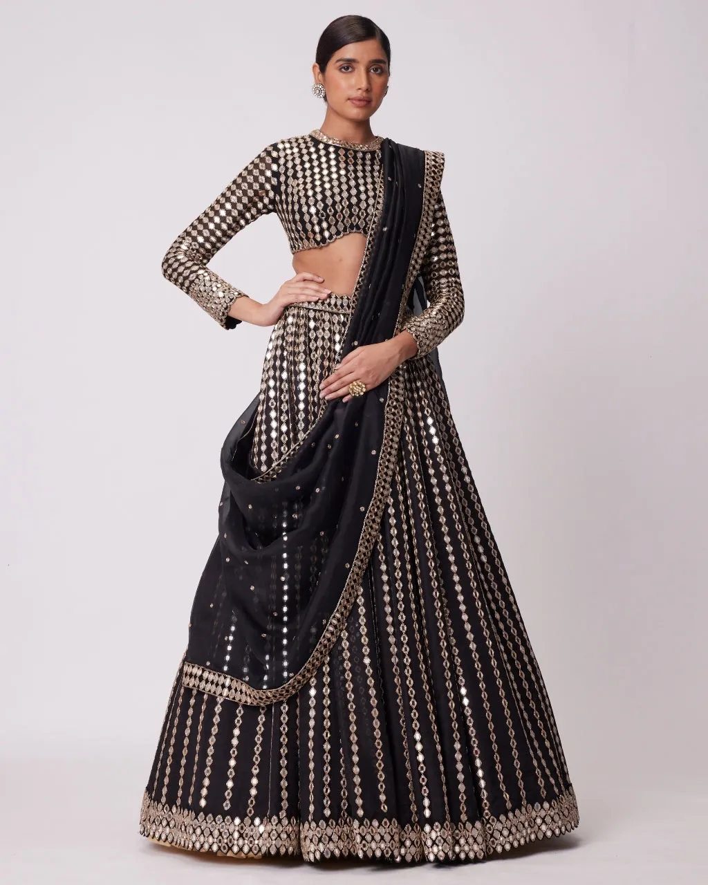 Black Linear Mirror Embroidered Lehenga Set