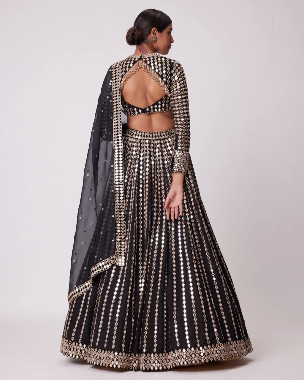 Black Linear Mirror Embroidered Lehenga Set