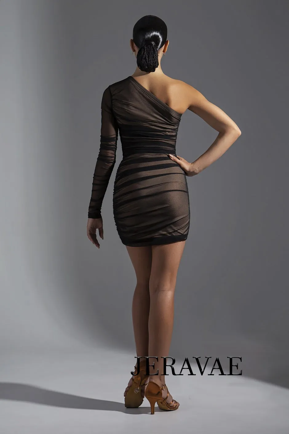 Black Salsa Dress with Single Long Sleeve and Gathered Mesh Over Nude Lined Crepe PRA 570_sale