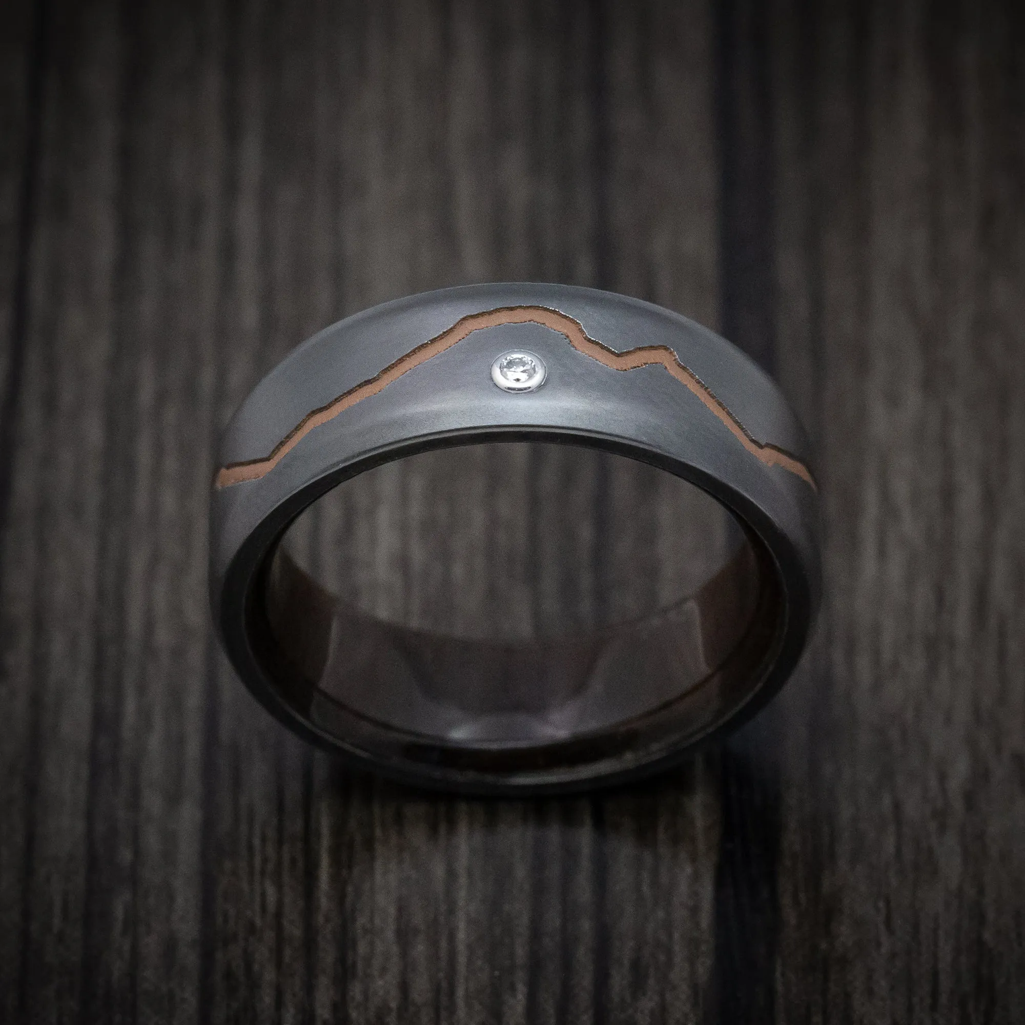 Black Titanium Diamond Men's Ring With Custom Mountain Milling And Hardwood Interior Sleeve Custom Made