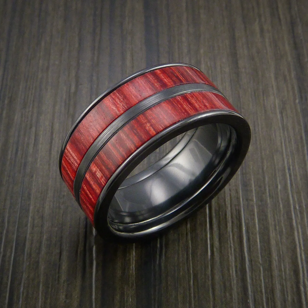 Black Titanium Men's Ring with Dual Wood Inlays Custom Made Wedding Band