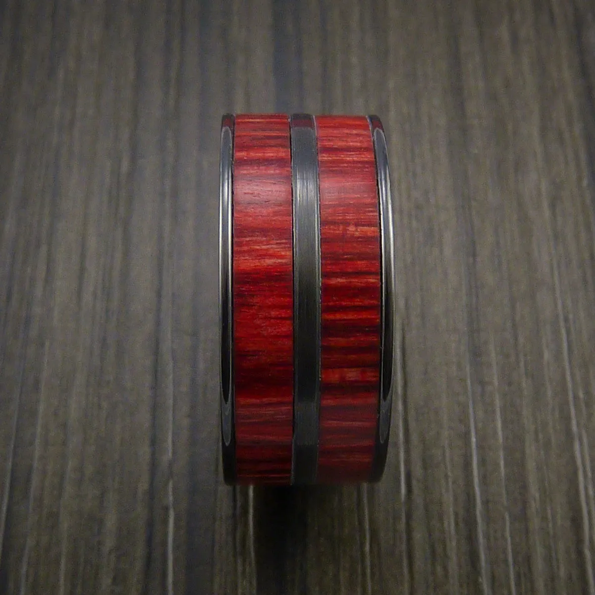 Black Titanium Men's Ring with Dual Wood Inlays Custom Made Wedding Band