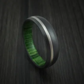 Black Titanium Men's Ring with Platinum Inlay and Jade Wood Sleeve