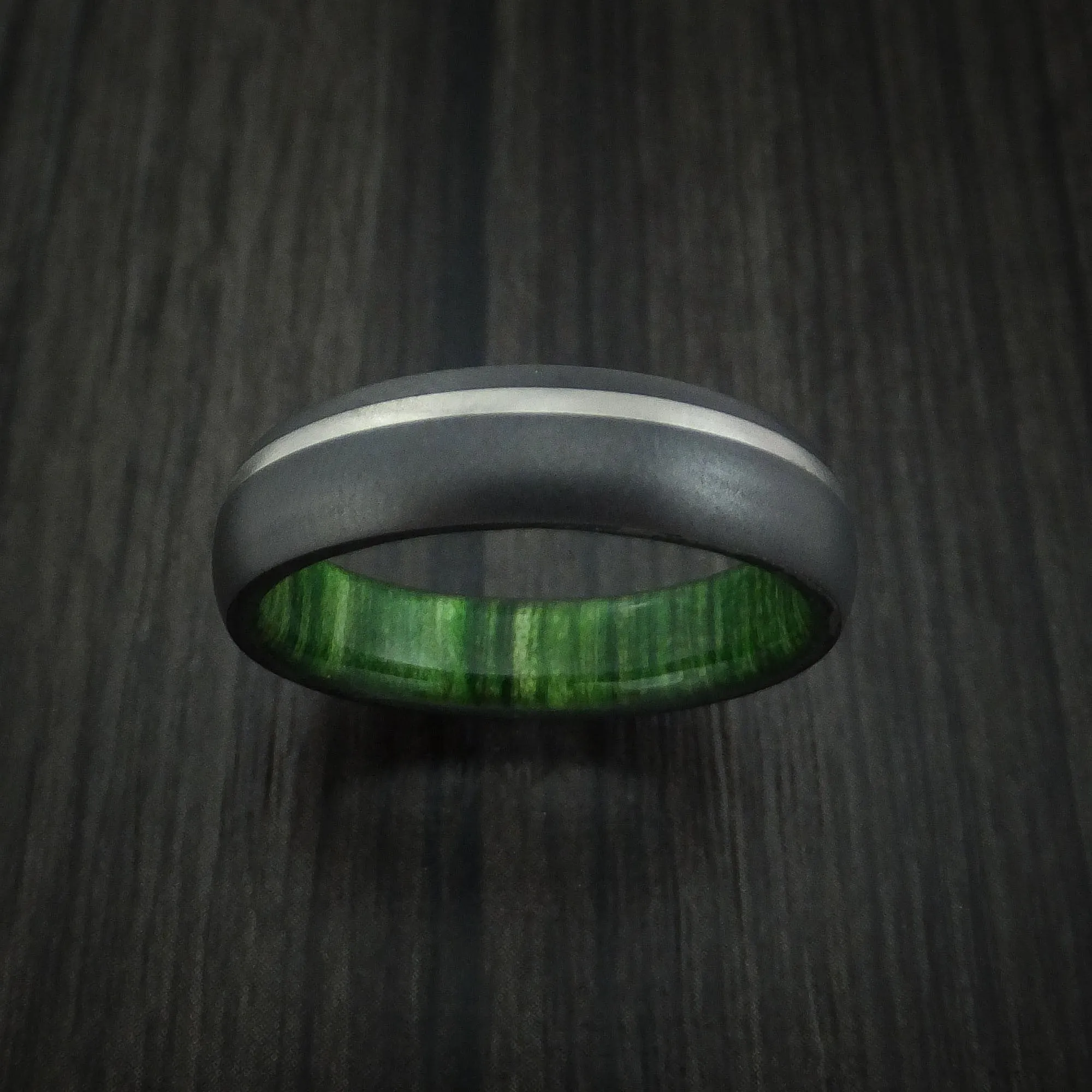 Black Titanium Men's Ring with Platinum Inlay and Jade Wood Sleeve