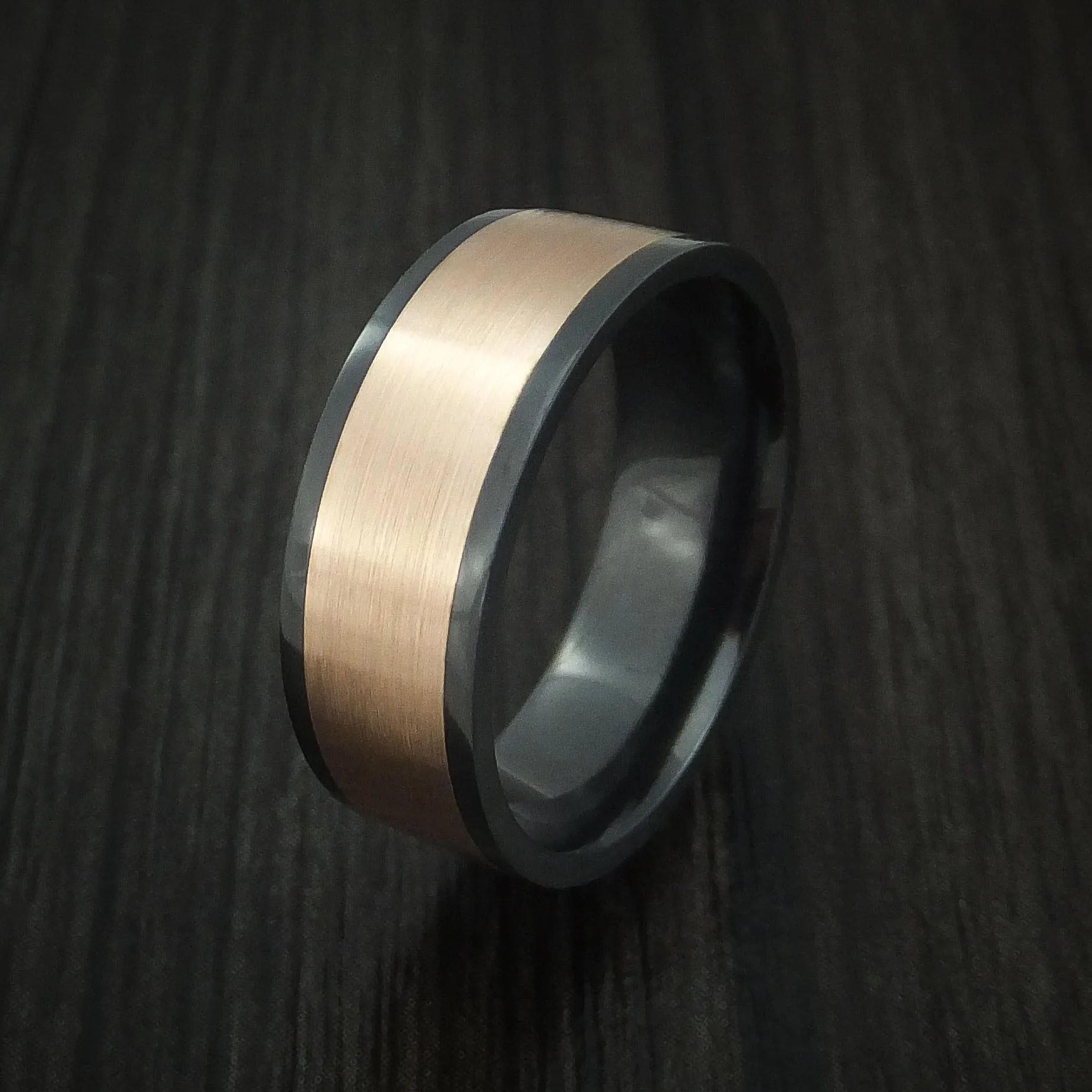 Black Titanium Men's Ring with Wide 14K Rose Gold Inlay Custom Made Band