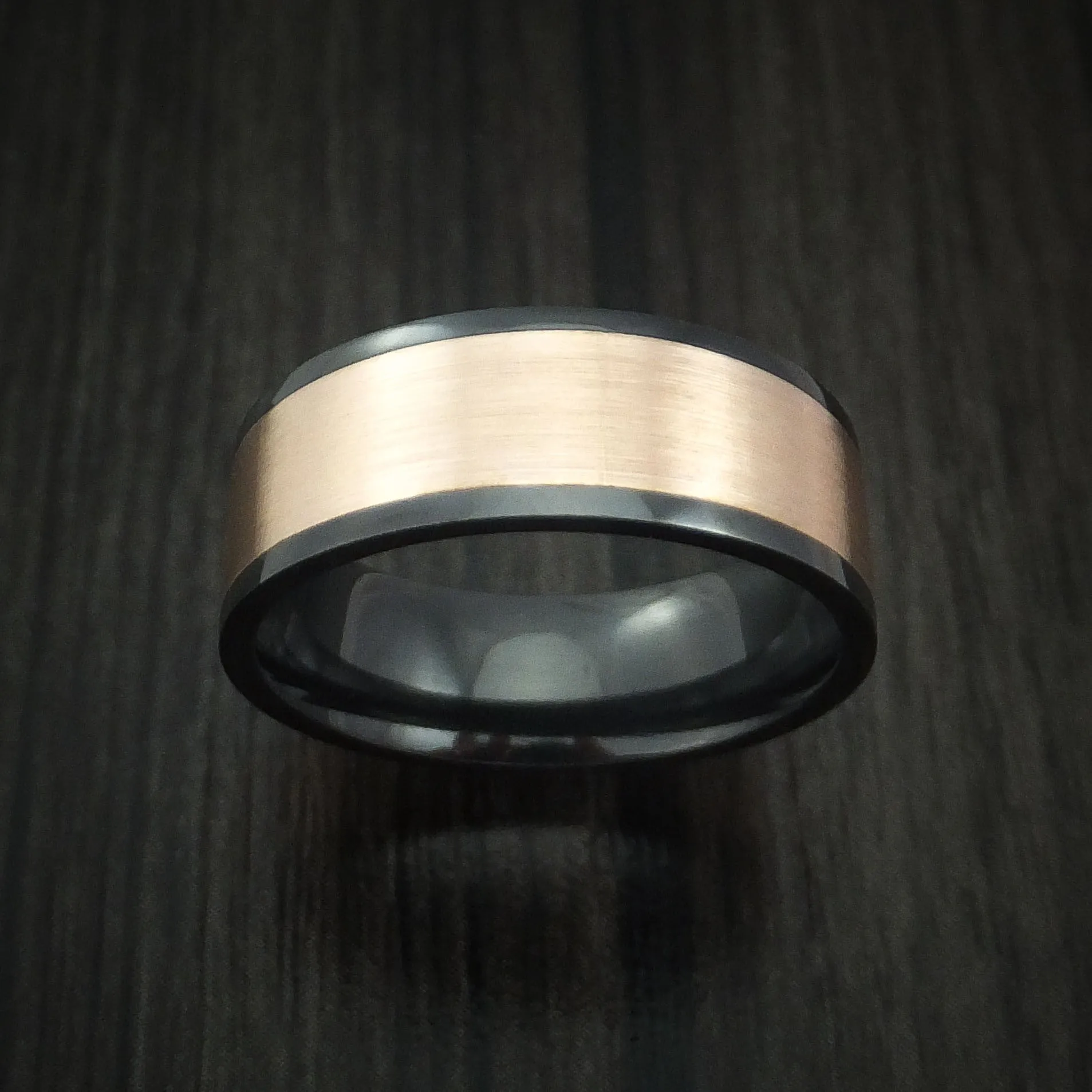 Black Titanium Men's Ring with Wide 14K Rose Gold Inlay Custom Made Band