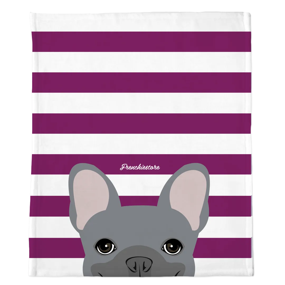 Blue French Bulldog on Beet Stripes | Frenchie Blanket