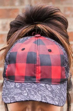 Buffalo Plaid Feathers Messy Bun Ponytail Hat