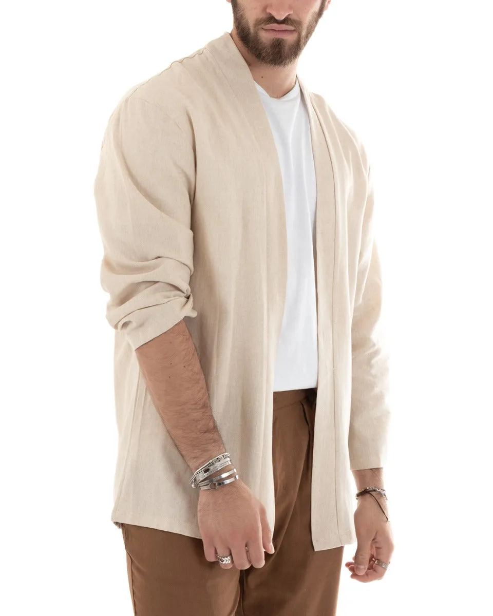 Cardigan Maglia Giacca Uomo Kimono Lino Tinta Unita Beige Leggero Casual GIOSAL-G3049A