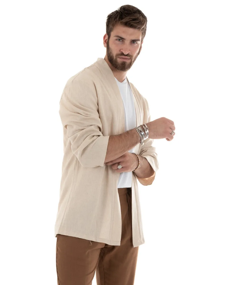 Cardigan Maglia Giacca Uomo Kimono Lino Tinta Unita Beige Leggero Casual GIOSAL-G3049A