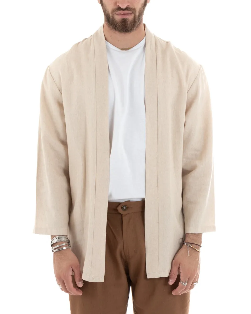 Cardigan Maglia Giacca Uomo Kimono Lino Tinta Unita Beige Leggero Casual GIOSAL-G3049A