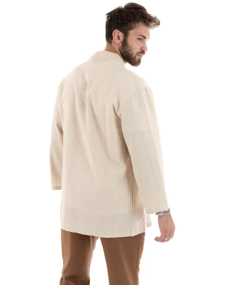 Cardigan Maglia Giacca Uomo Kimono Lino Tinta Unita Beige Leggero Casual GIOSAL-G3049A