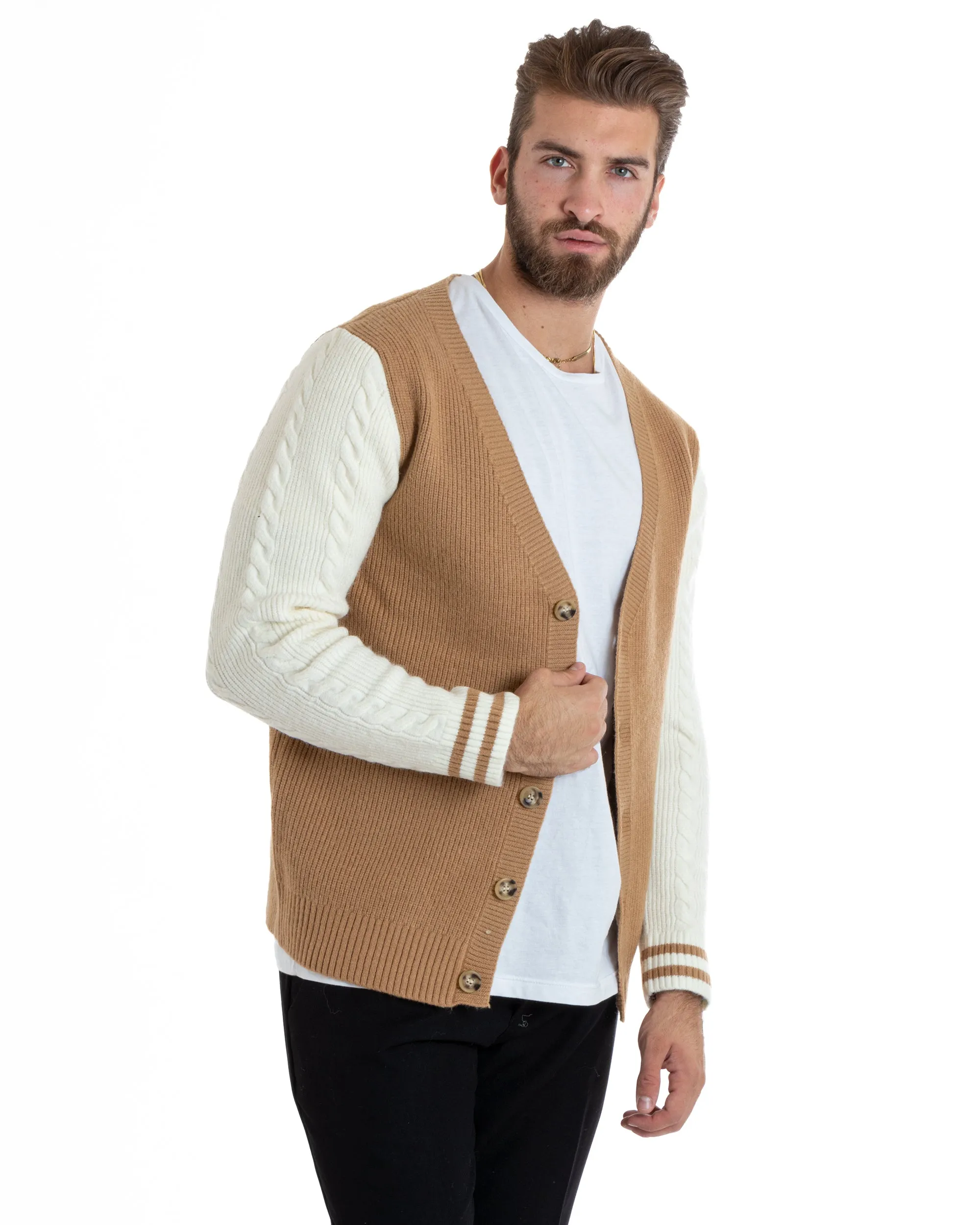 Cardigan Uomo Giacca Con Bottoni Maglia Inglese Maglioncino Trecce Camel Casual GIOSAL-M2743A