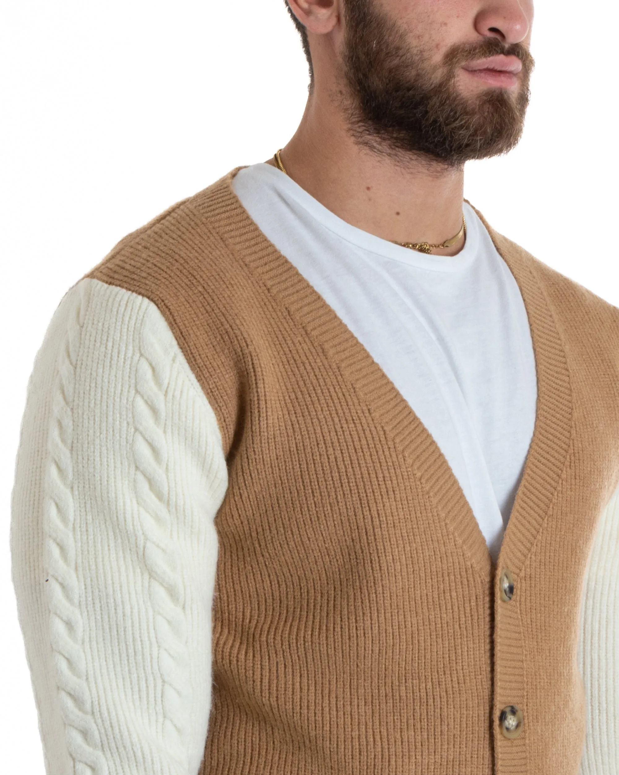 Cardigan Uomo Giacca Con Bottoni Maglia Inglese Maglioncino Trecce Camel Casual GIOSAL-M2743A