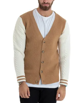 Cardigan Uomo Giacca Con Bottoni Maglia Inglese Maglioncino Trecce Camel Casual GIOSAL-M2743A