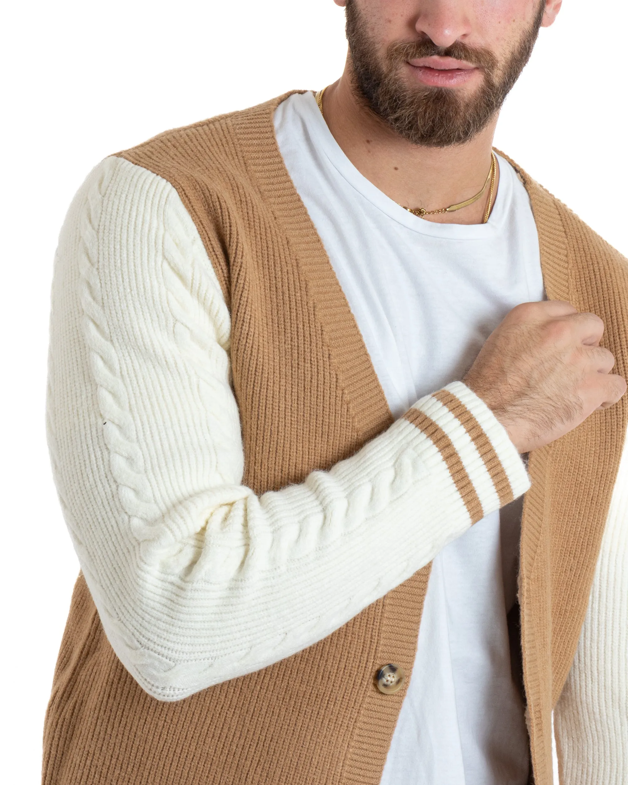 Cardigan Uomo Giacca Con Bottoni Maglia Inglese Maglioncino Trecce Camel Casual GIOSAL-M2743A