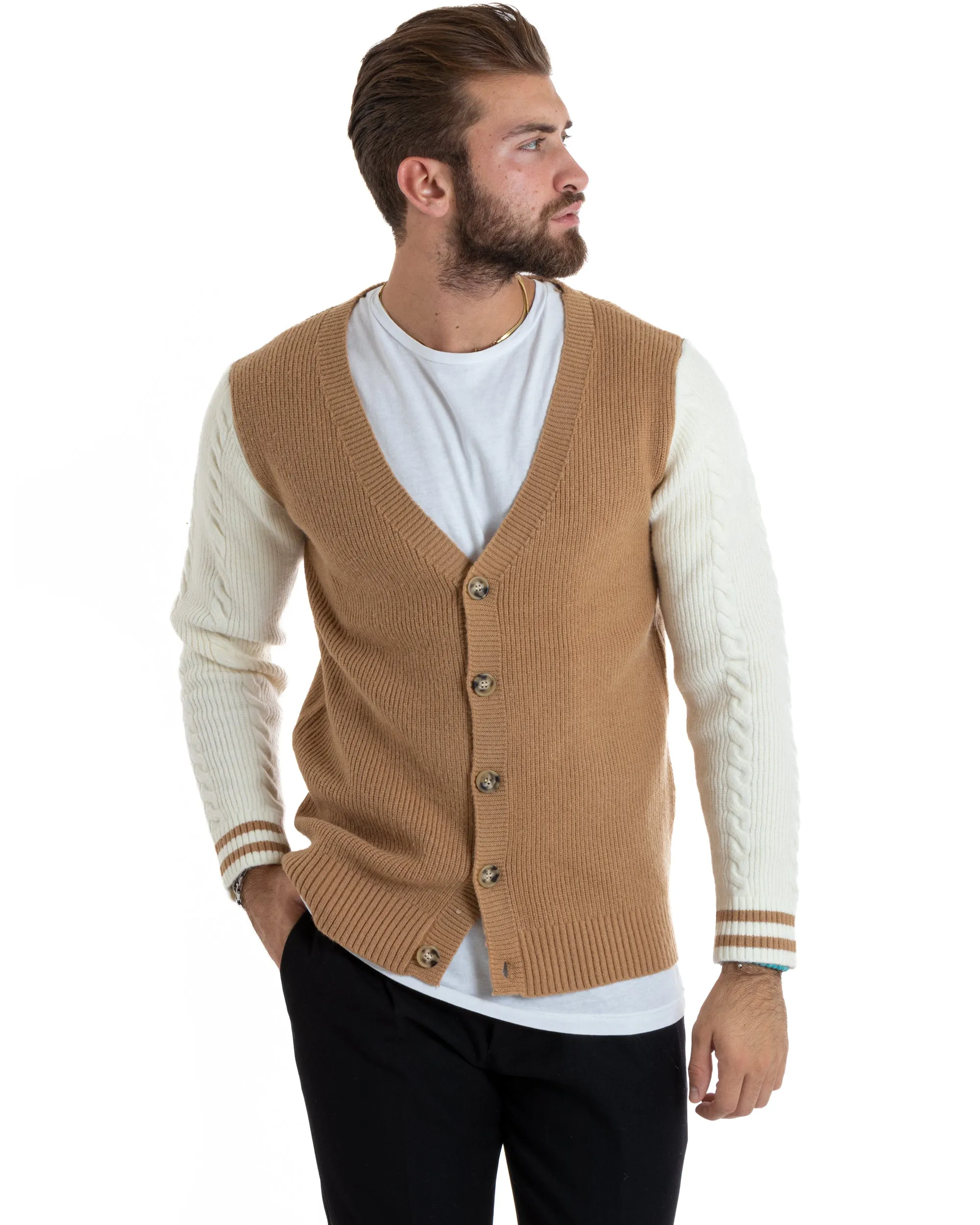 Cardigan Uomo Giacca Con Bottoni Maglia Inglese Maglioncino Trecce Camel Casual GIOSAL-M2743A