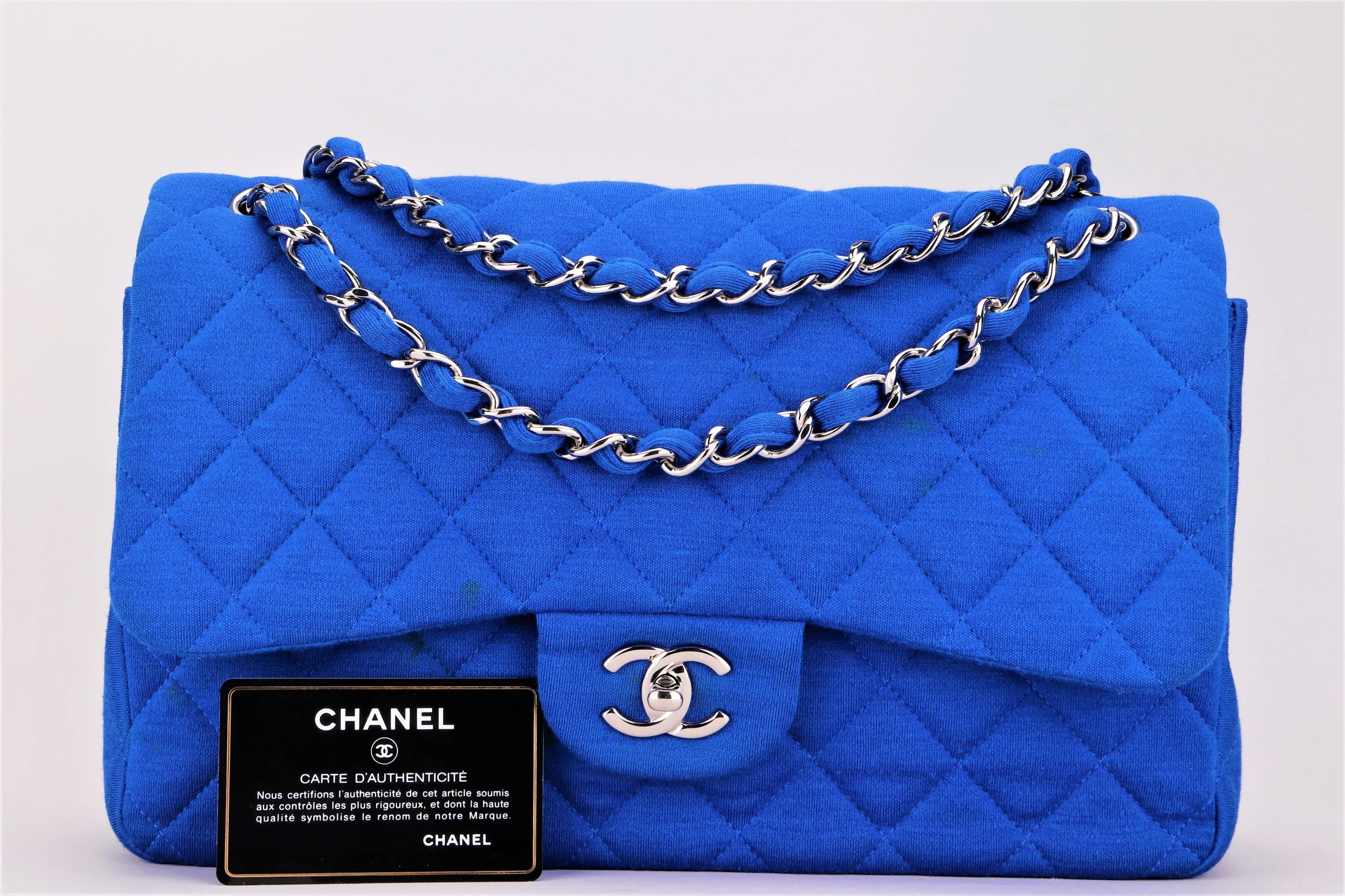 CHANEL CLASSIC FLAP (1962xxxx) JUMBO BLUE FABRIC SILVER HARDWARE, WITH CARD, NO DUST COVER