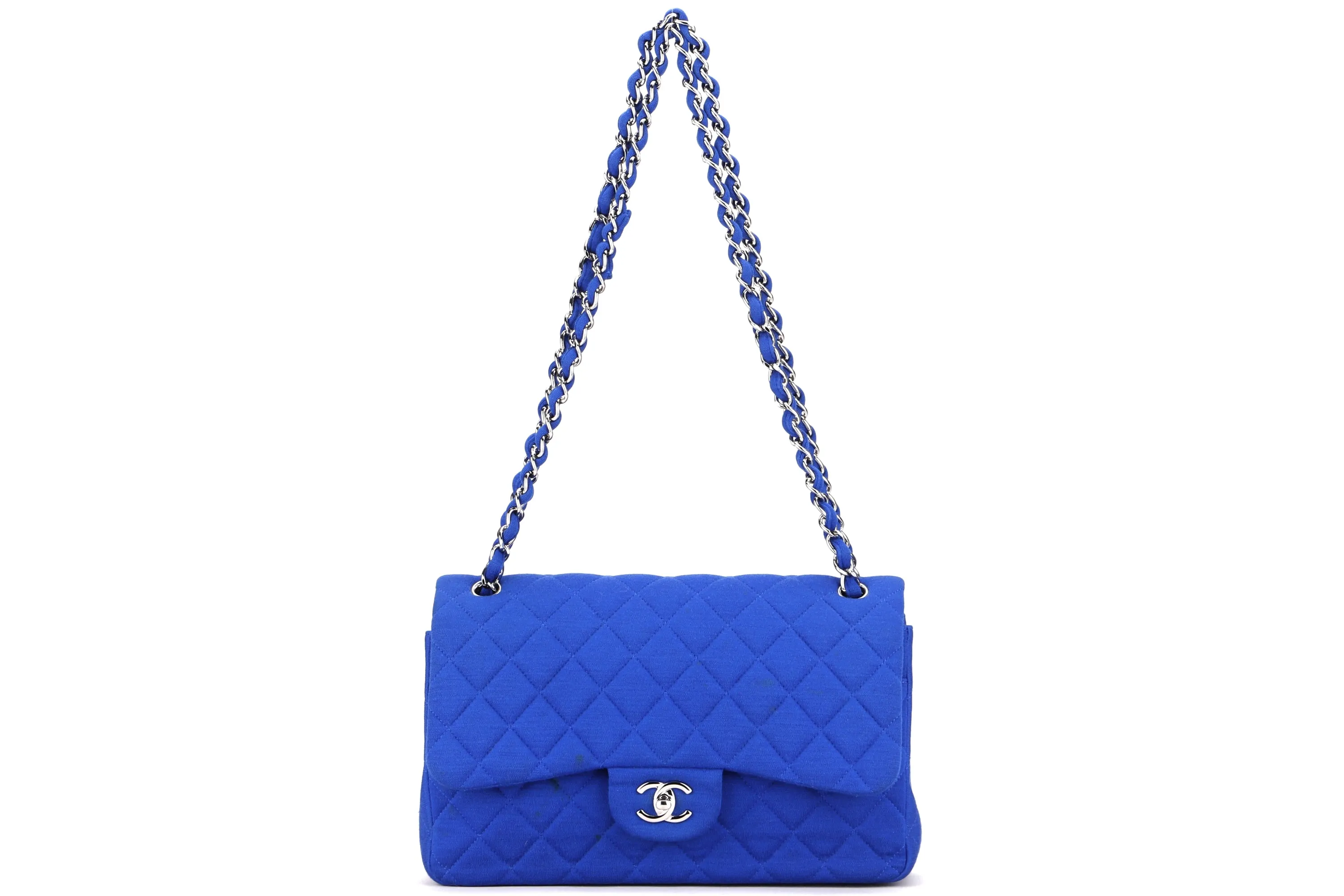 CHANEL CLASSIC FLAP (1962xxxx) JUMBO BLUE FABRIC SILVER HARDWARE, WITH CARD, NO DUST COVER