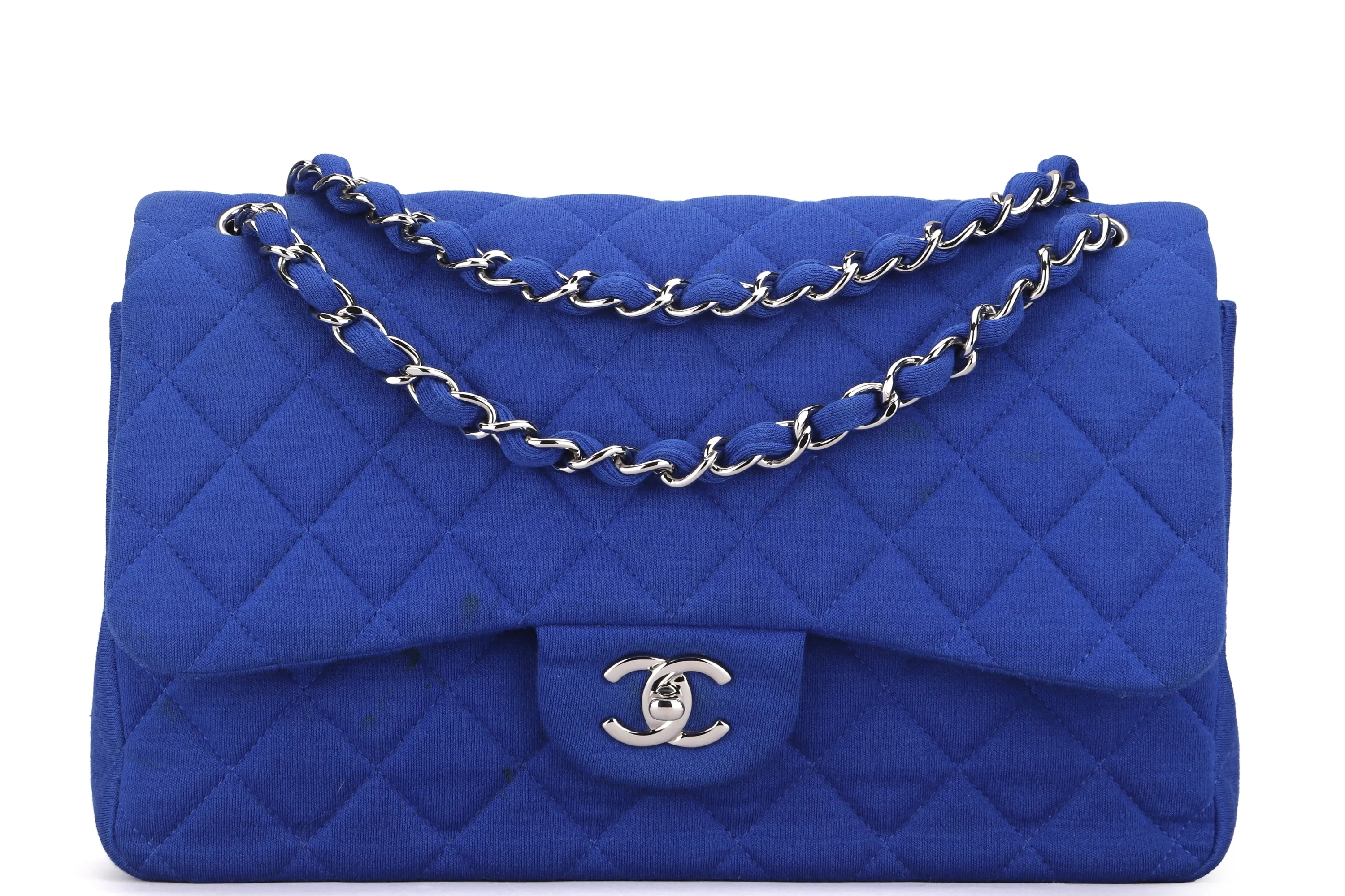 CHANEL CLASSIC FLAP (1962xxxx) JUMBO BLUE FABRIC SILVER HARDWARE, WITH CARD, NO DUST COVER