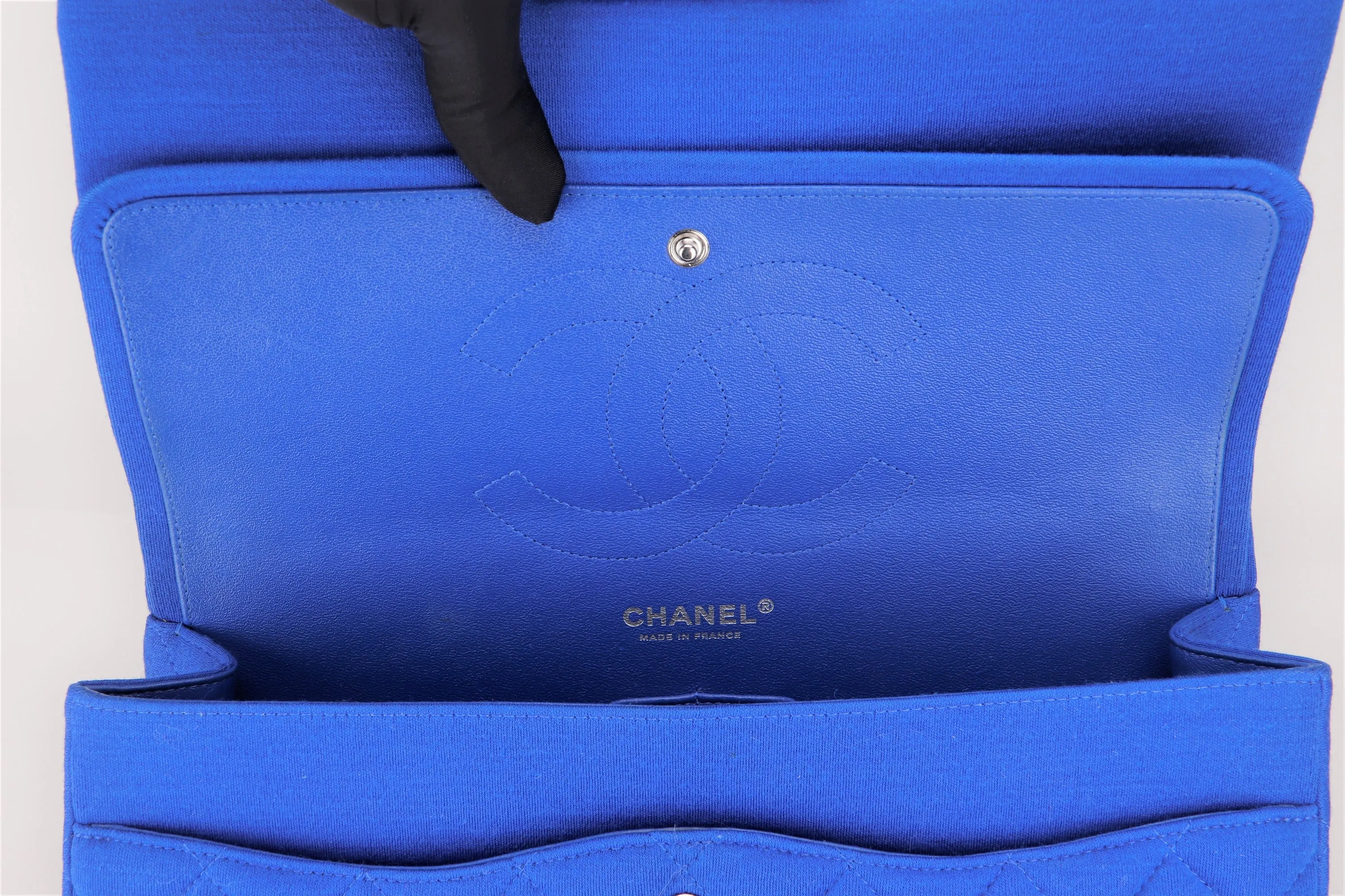 CHANEL CLASSIC FLAP (1962xxxx) JUMBO BLUE FABRIC SILVER HARDWARE, WITH CARD, NO DUST COVER