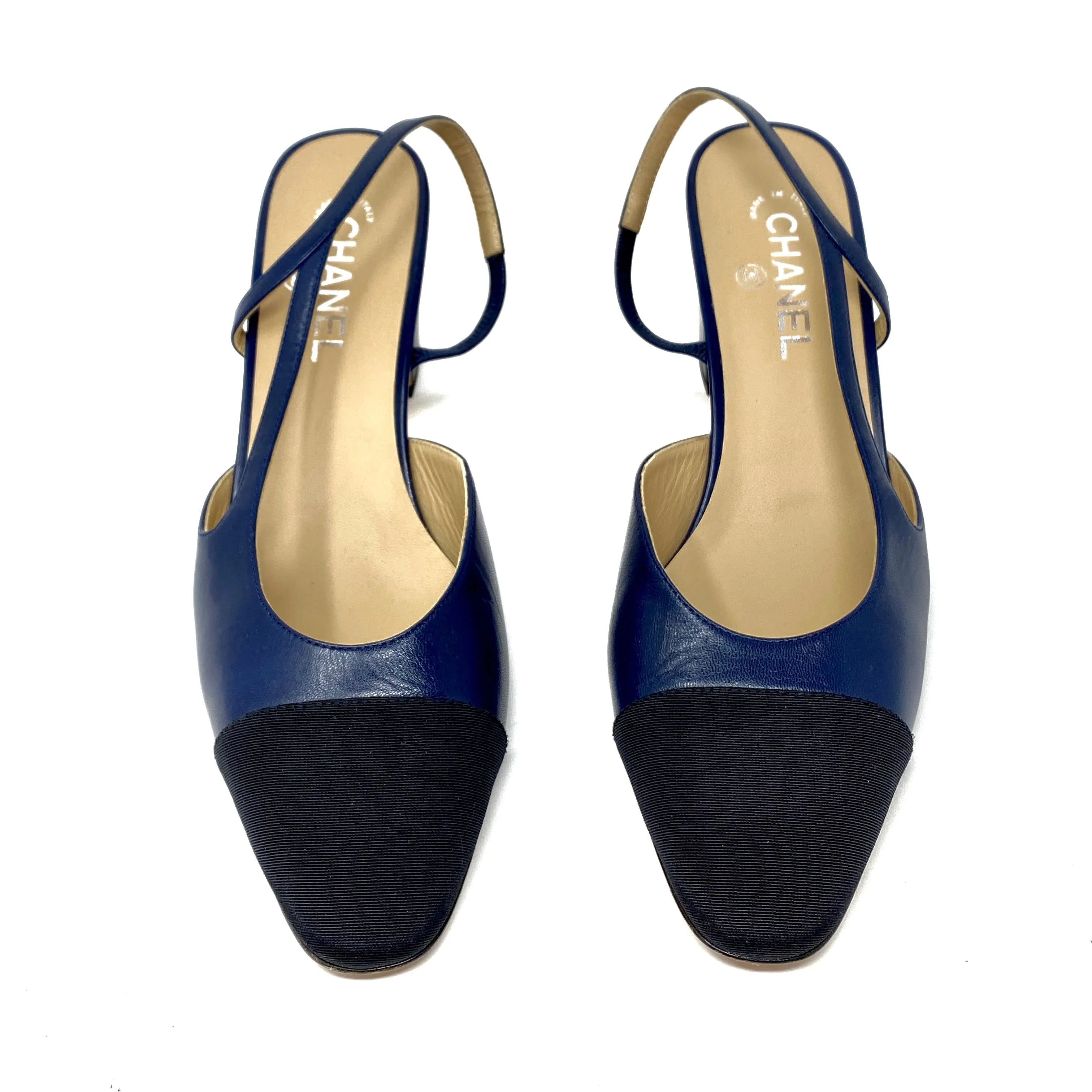 CHANEL Slingbacks Navy and  Black Toe Goatskin G31318 Size 42