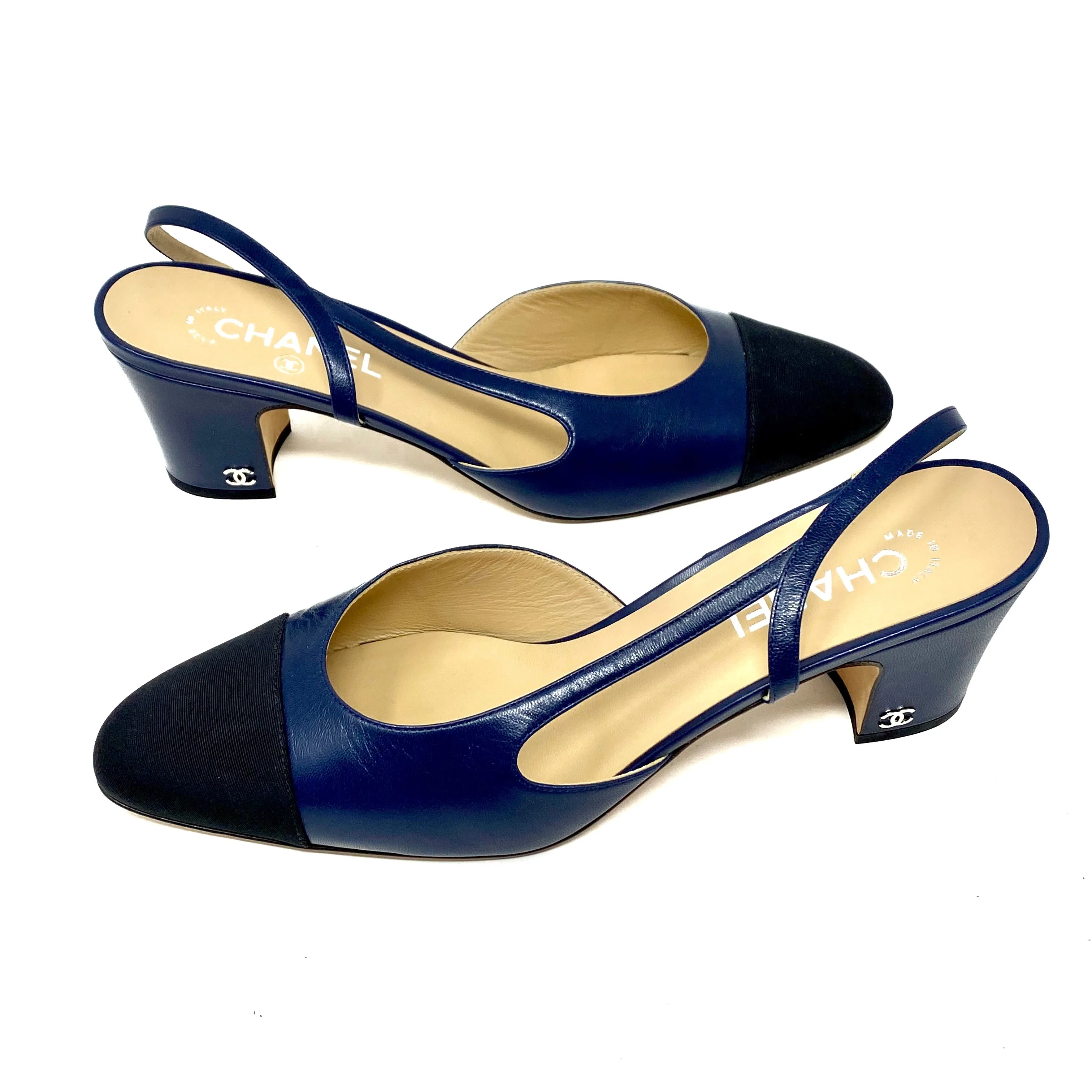 CHANEL Slingbacks Navy and  Black Toe Goatskin G31318 Size 42