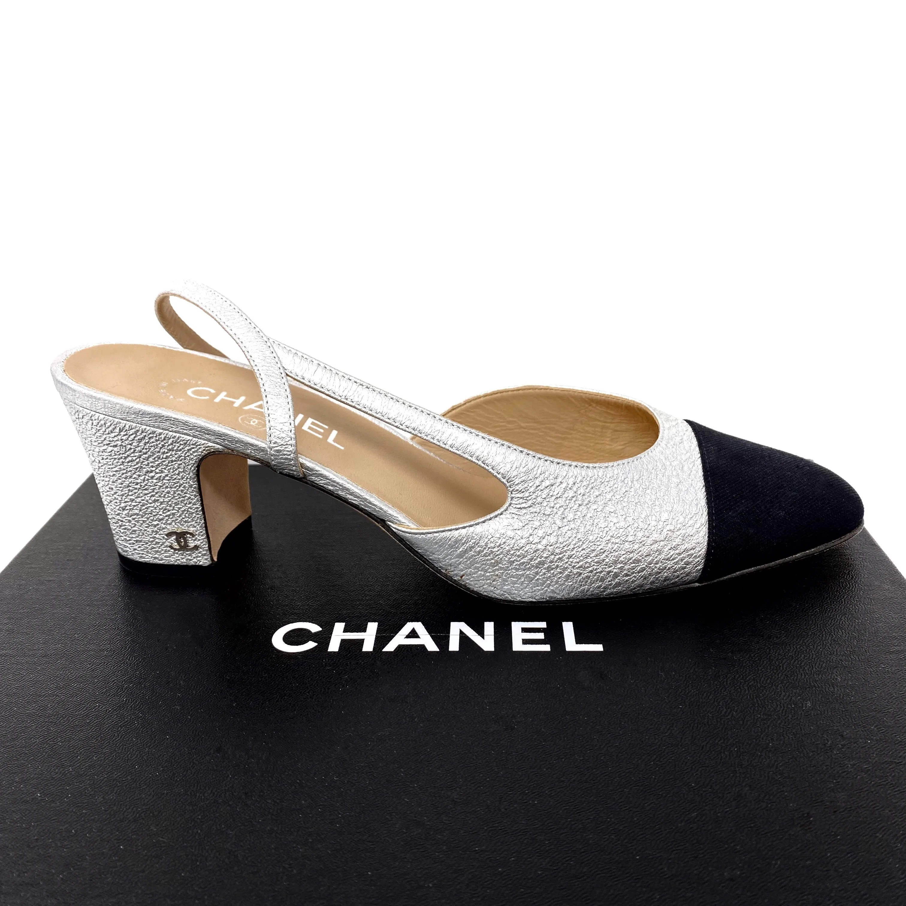 CHANEL Slingbacks Silver Metallic Leather, Grosgrain G31318 Size 42