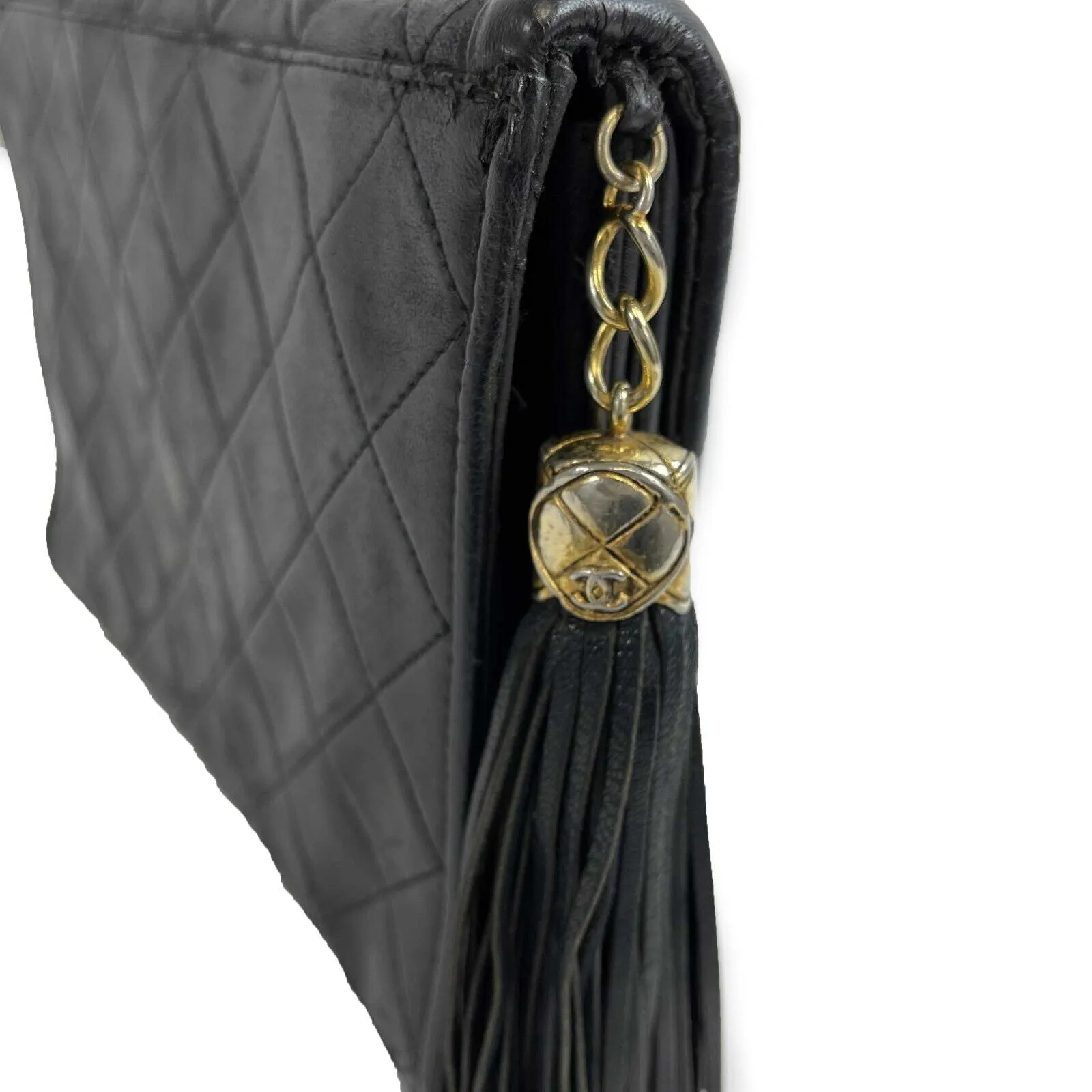 Chanel - Vintage Black Leather Crossover Slant Double Flap Tassel Crossbody