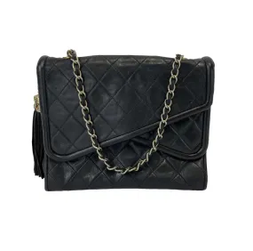 Chanel - Vintage Black Leather Crossover Slant Double Flap Tassel Crossbody