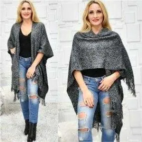 Classic Knit Wrap Shrug Poncho Black And Gray