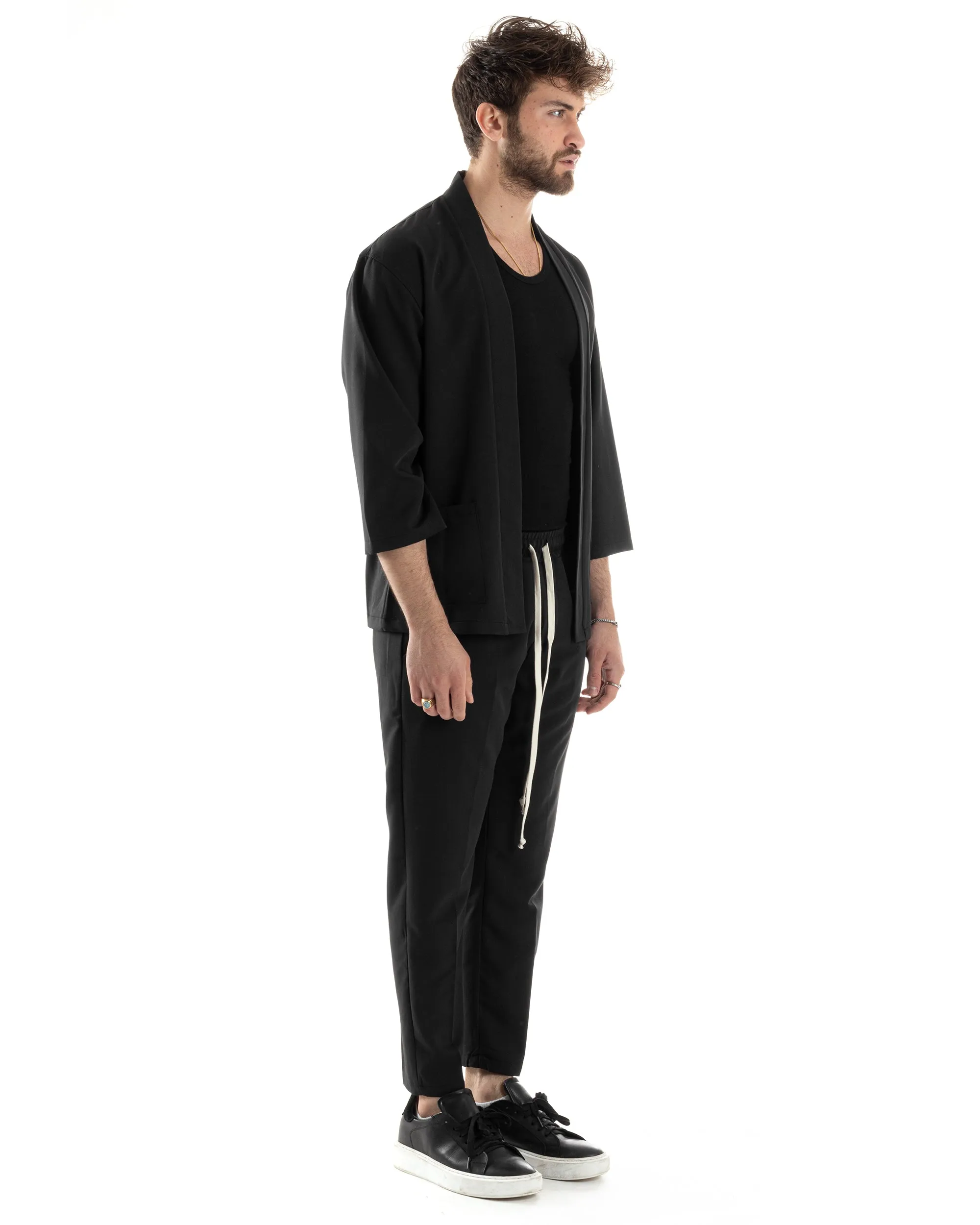 Completo Set Coordinato Uomo Viscosa Giacca Kimono Pantaloni Nero Casual Elegante GIOSAL-OU2445A