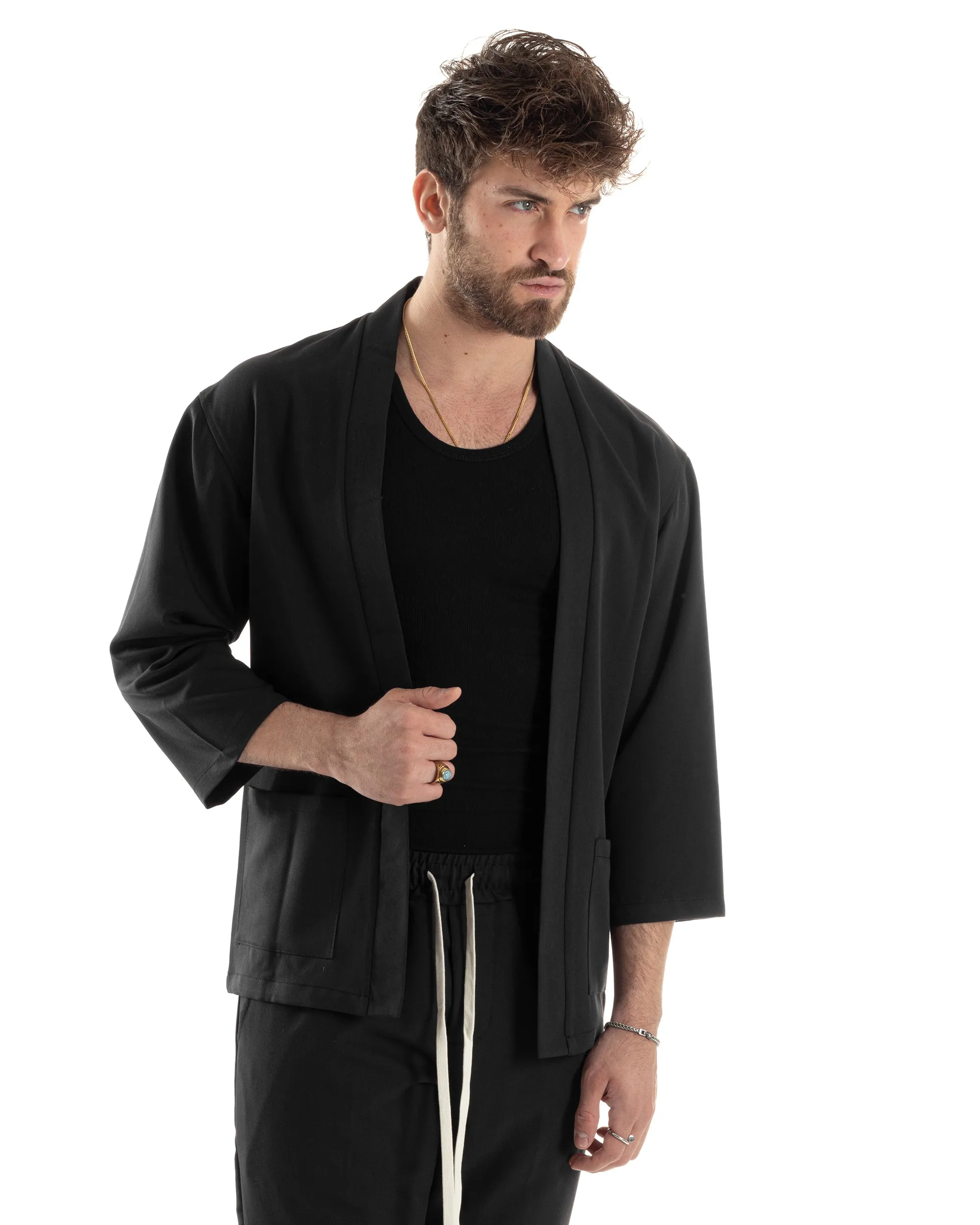 Completo Set Coordinato Uomo Viscosa Giacca Kimono Pantaloni Nero Casual Elegante GIOSAL-OU2445A