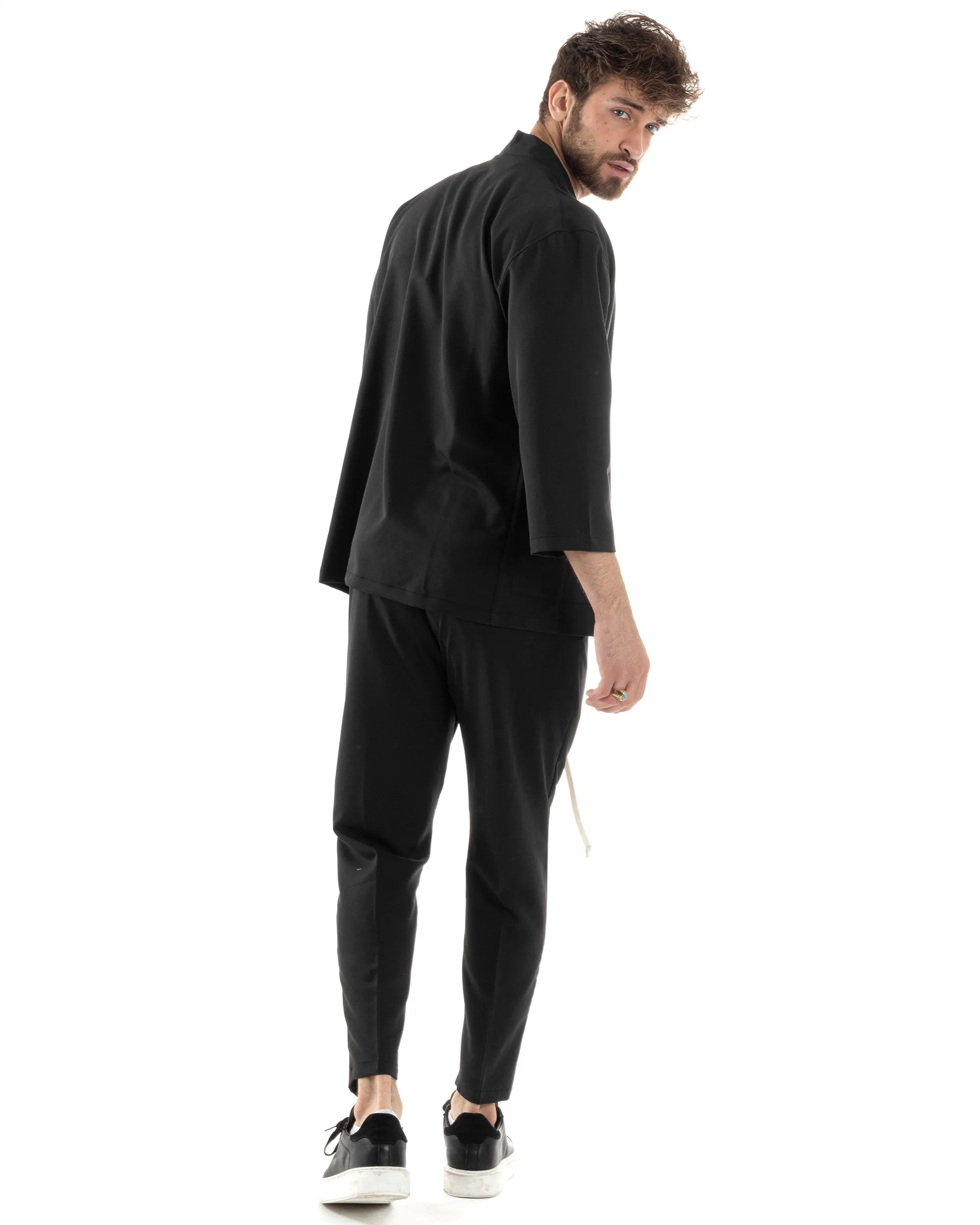 Completo Set Coordinato Uomo Viscosa Giacca Kimono Pantaloni Nero Casual Elegante GIOSAL-OU2445A