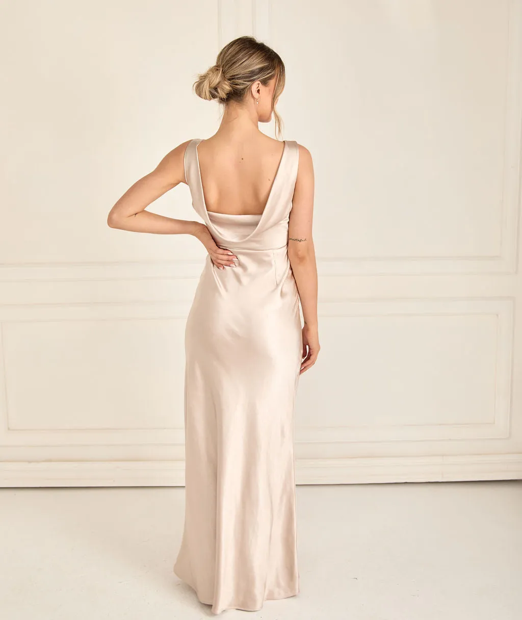 Cowl Back Satin Bridesmaid Dress - Oyster