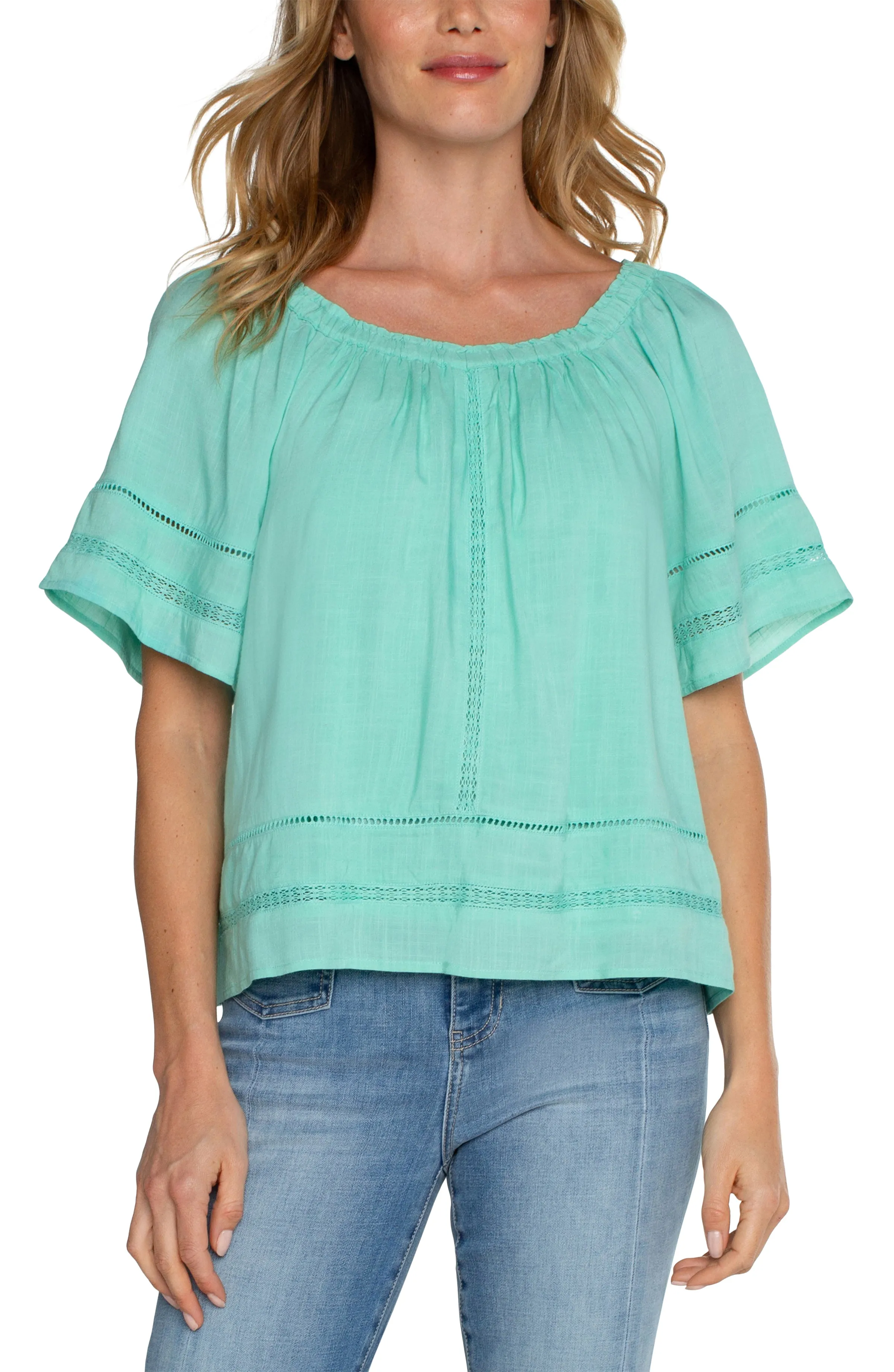 CROPPED BELL SLEEVE WOVEN TOP