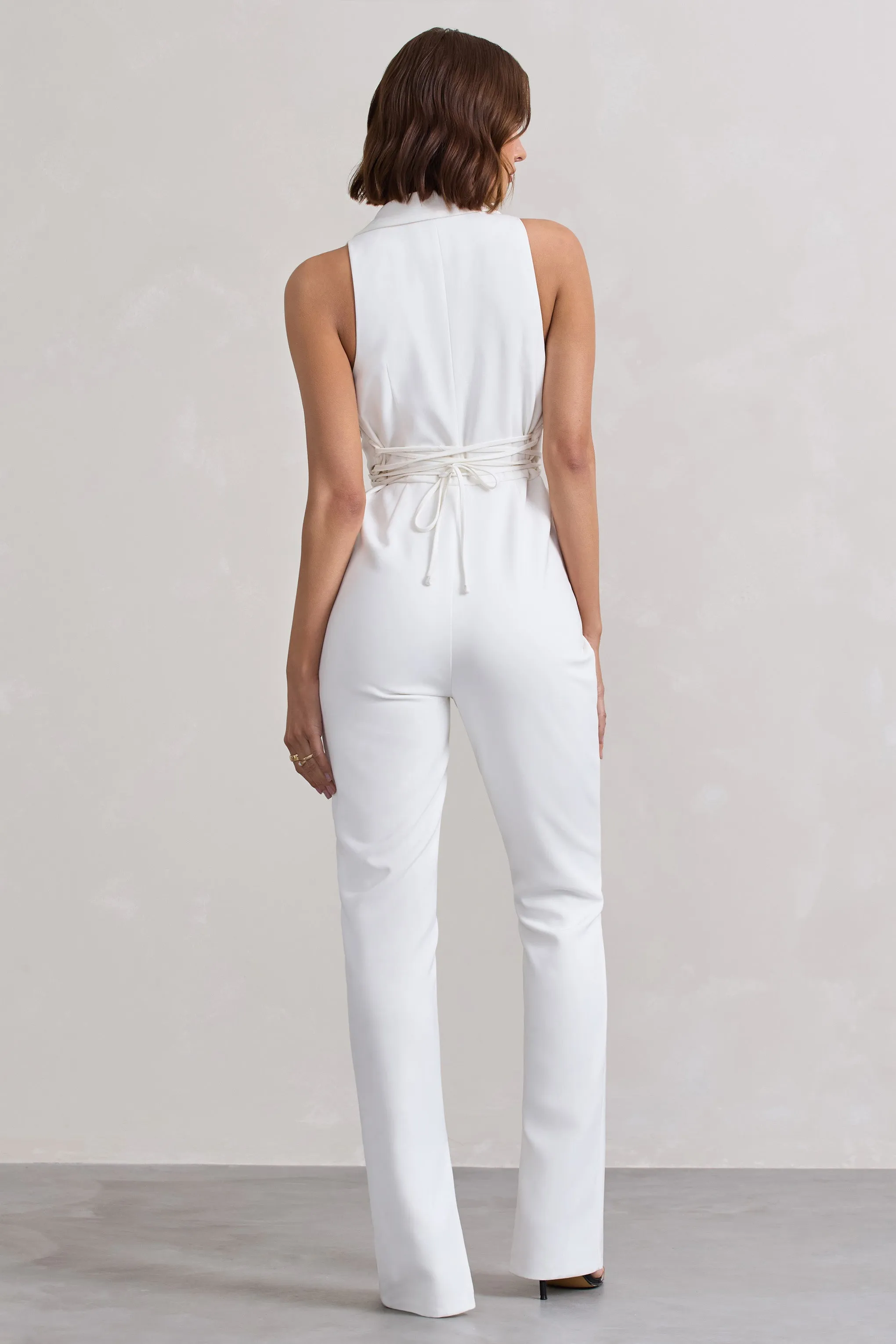 Darcy | White Plunge Neck Tailored Jumpsuit With Tie Detail