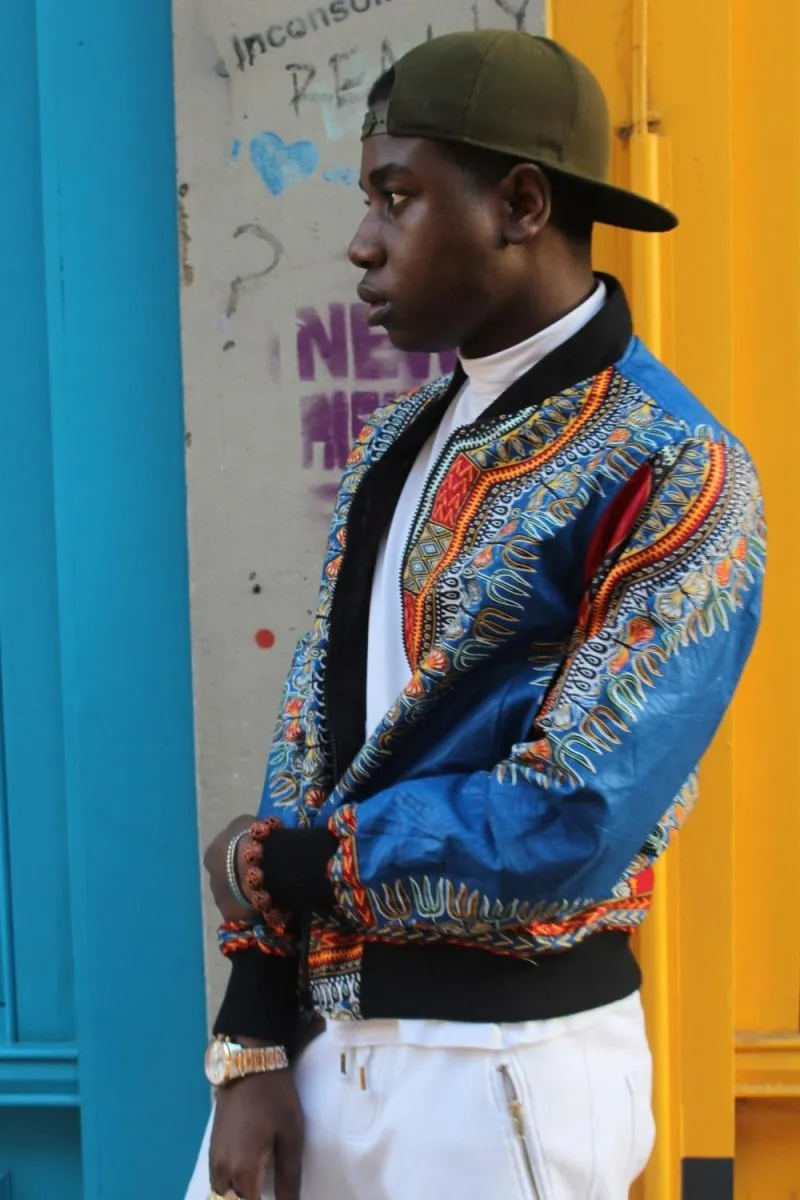 Dashiki Bomber Jacket in Blue African Print