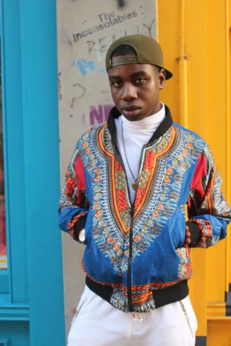 Dashiki Bomber Jacket in Blue African Print