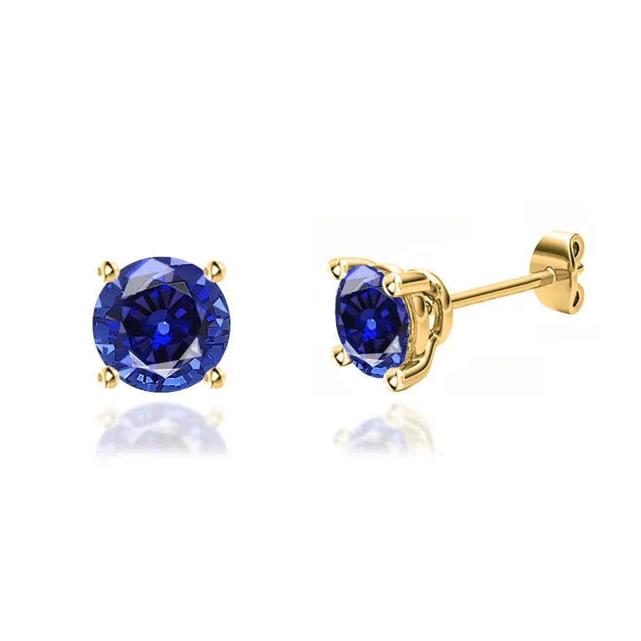 DOVE - Round Blue Sapphire 18k Yellow Gold Stud Earrings