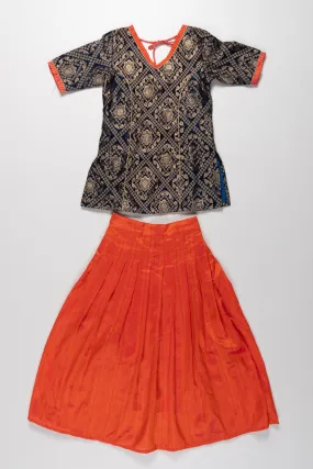 Elegant Navy Blue and Orange Pattu Pavadai for Girls - Traditional Ethnic Silk Skirt and Blouse Set