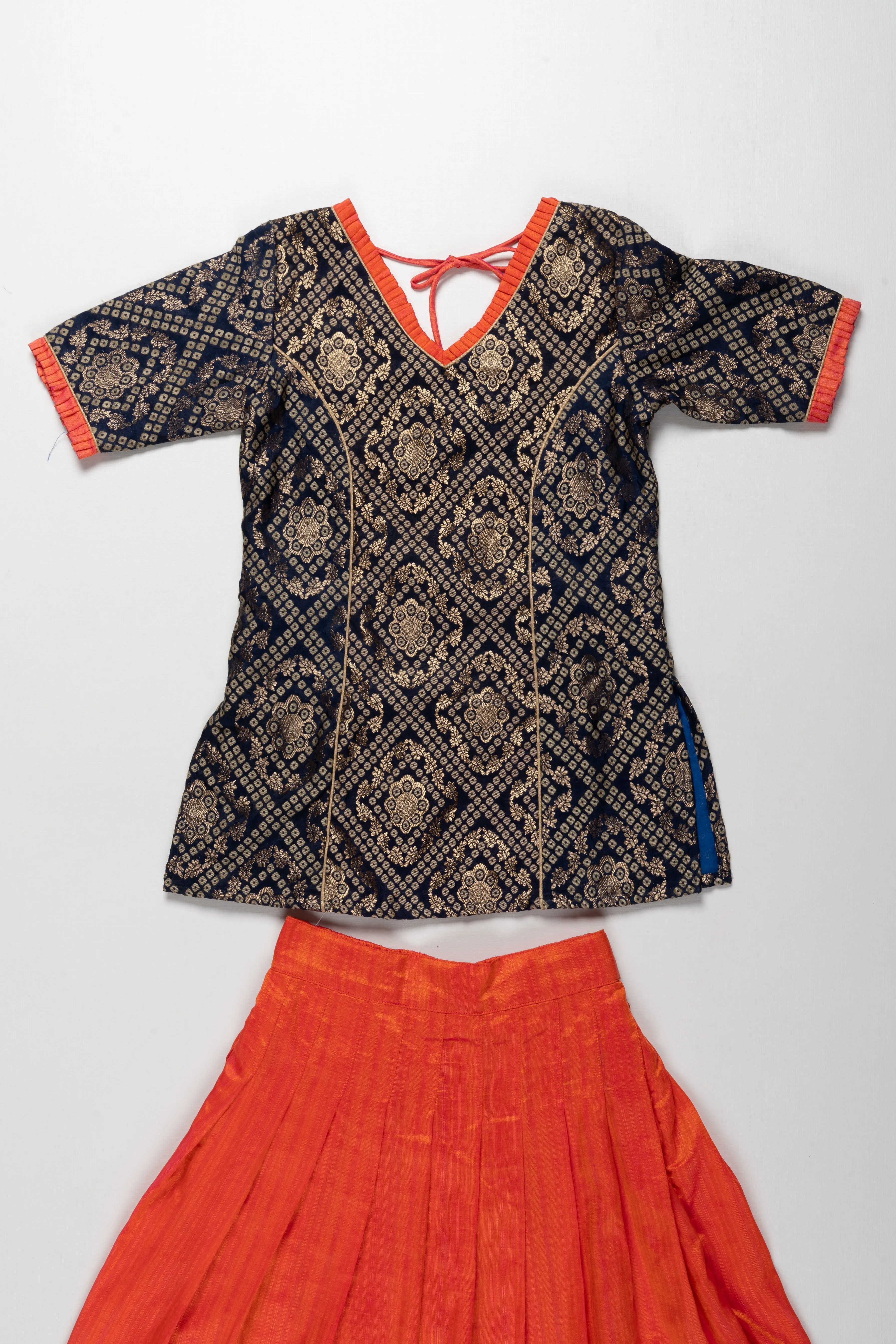 Elegant Navy Blue and Orange Pattu Pavadai for Girls - Traditional Ethnic Silk Skirt and Blouse Set