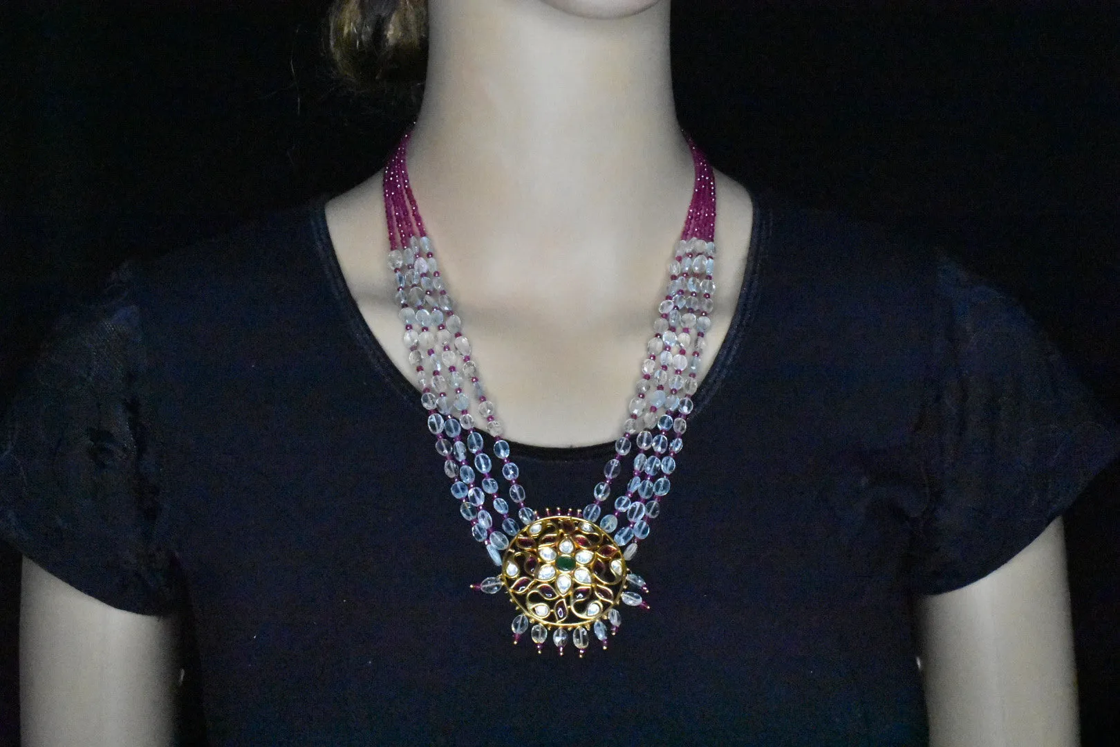 Emerald beads necklace with polki ruby pendant