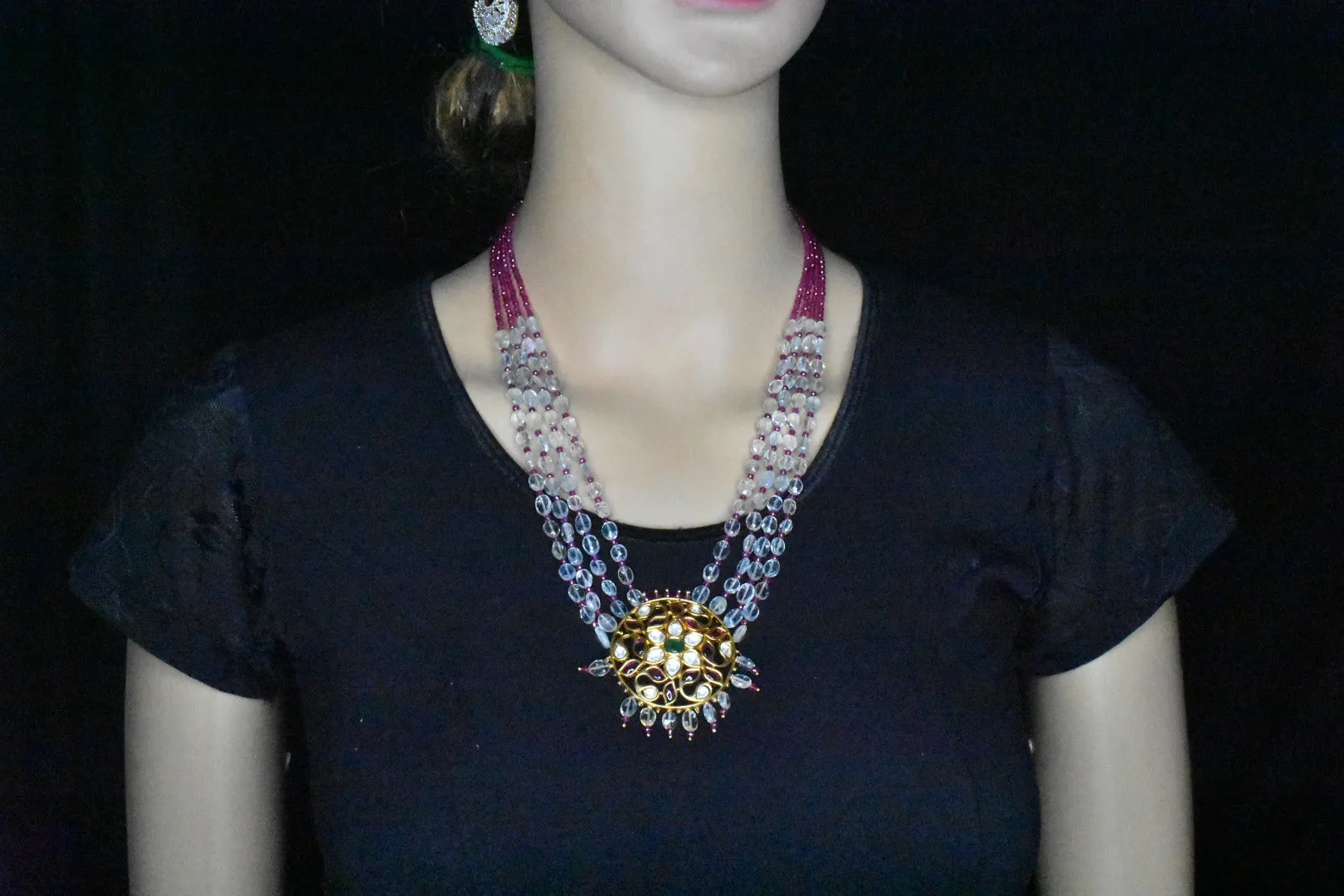 Emerald beads necklace with polki ruby pendant