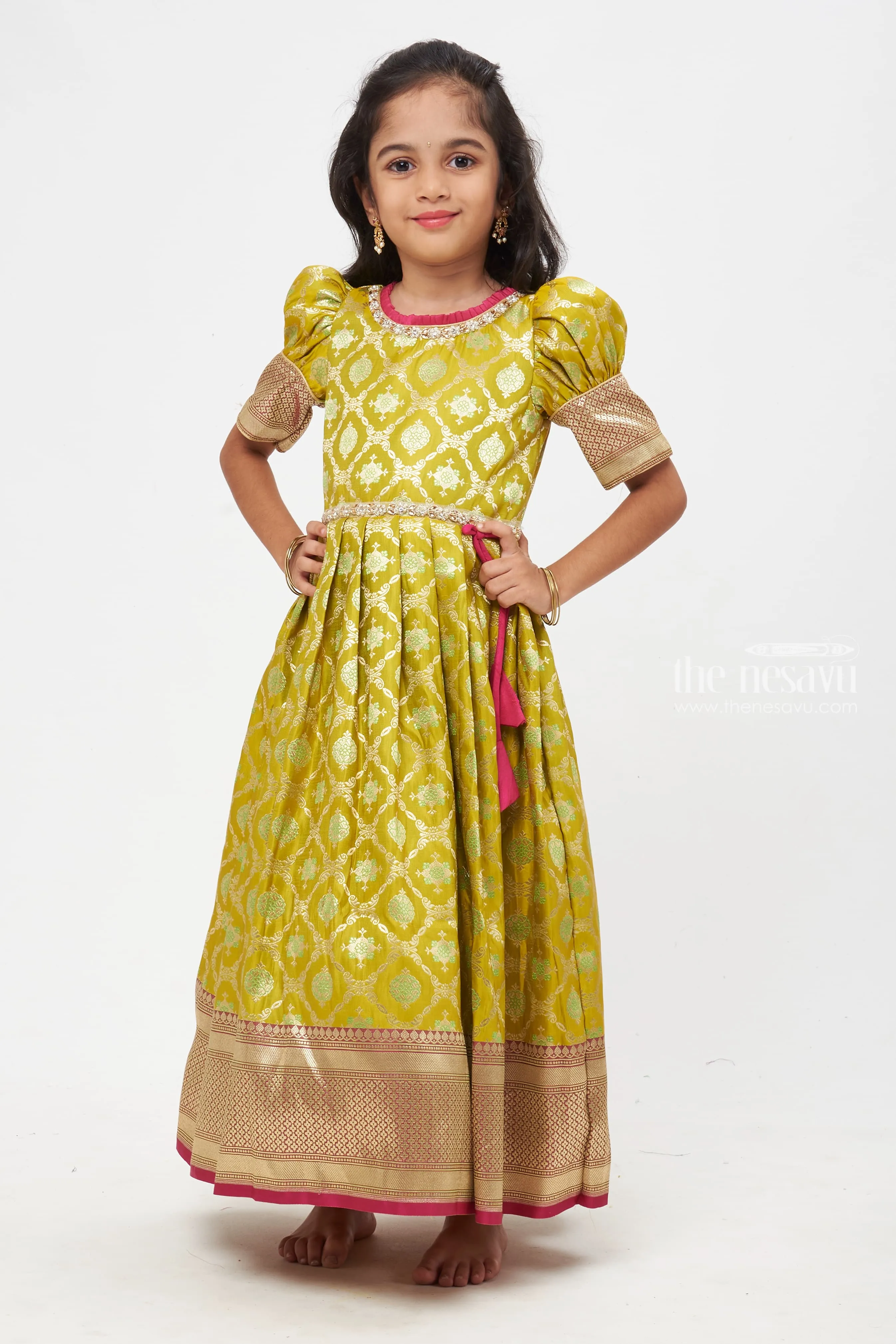 Emerald Elegance: Zari Floral & Knife Pleated Jacquard Banarasi Silk Gown for Girls