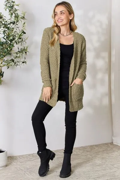 Falling For You Open Front Popcorn Cardigan in Khaki